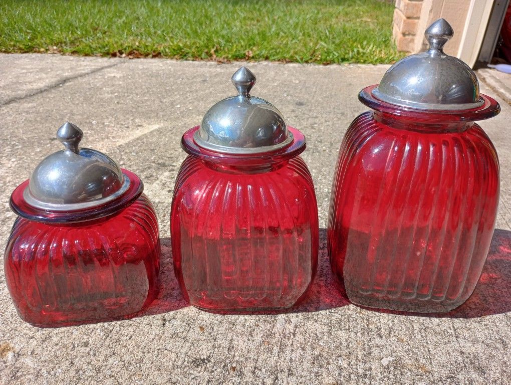 Vintage Artland Ruby Red Ribbed Apothecary Jar Canister Set *30.00 Firm*