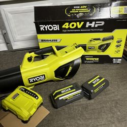 Riobi 40V HP Brushless Whisper Series 190 MPH 730 CFM Cordless Battery Jet Fan Leaf Blower with (2) 4.0 Ah Batteries & Charger 
