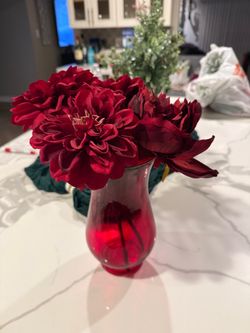 Red Glass Vase with Artificial Dahlia Flowers