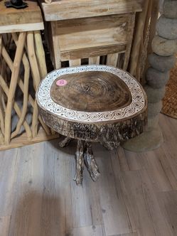 Rustic Wood Slice Side Table with Carved Border