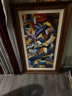 Large Abstract Oil Painting in Ornate Wood Frame