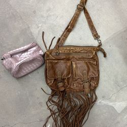 Brown Leather Fringe Purse With Makeup Bag 