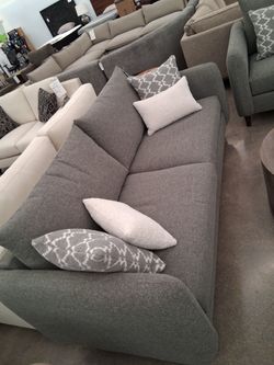 COMPLETELY RECYCLED SOFA AND LOVE IN A GORGEOUS GRAY FABRIC 