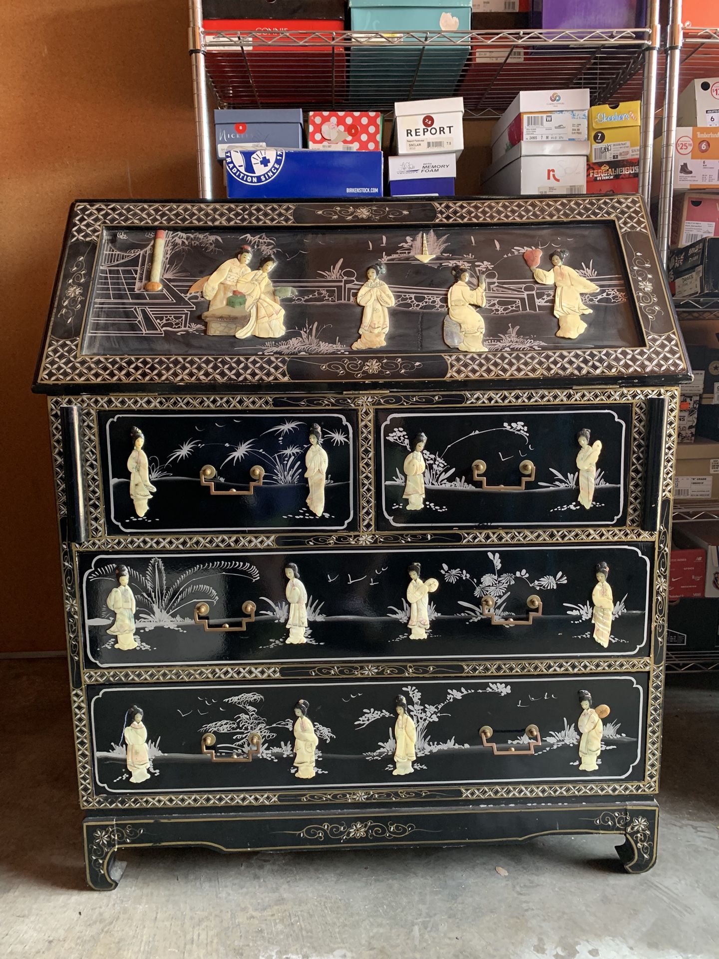 Antique Chinese Black Lacquer Secretary Desk / Hutch
