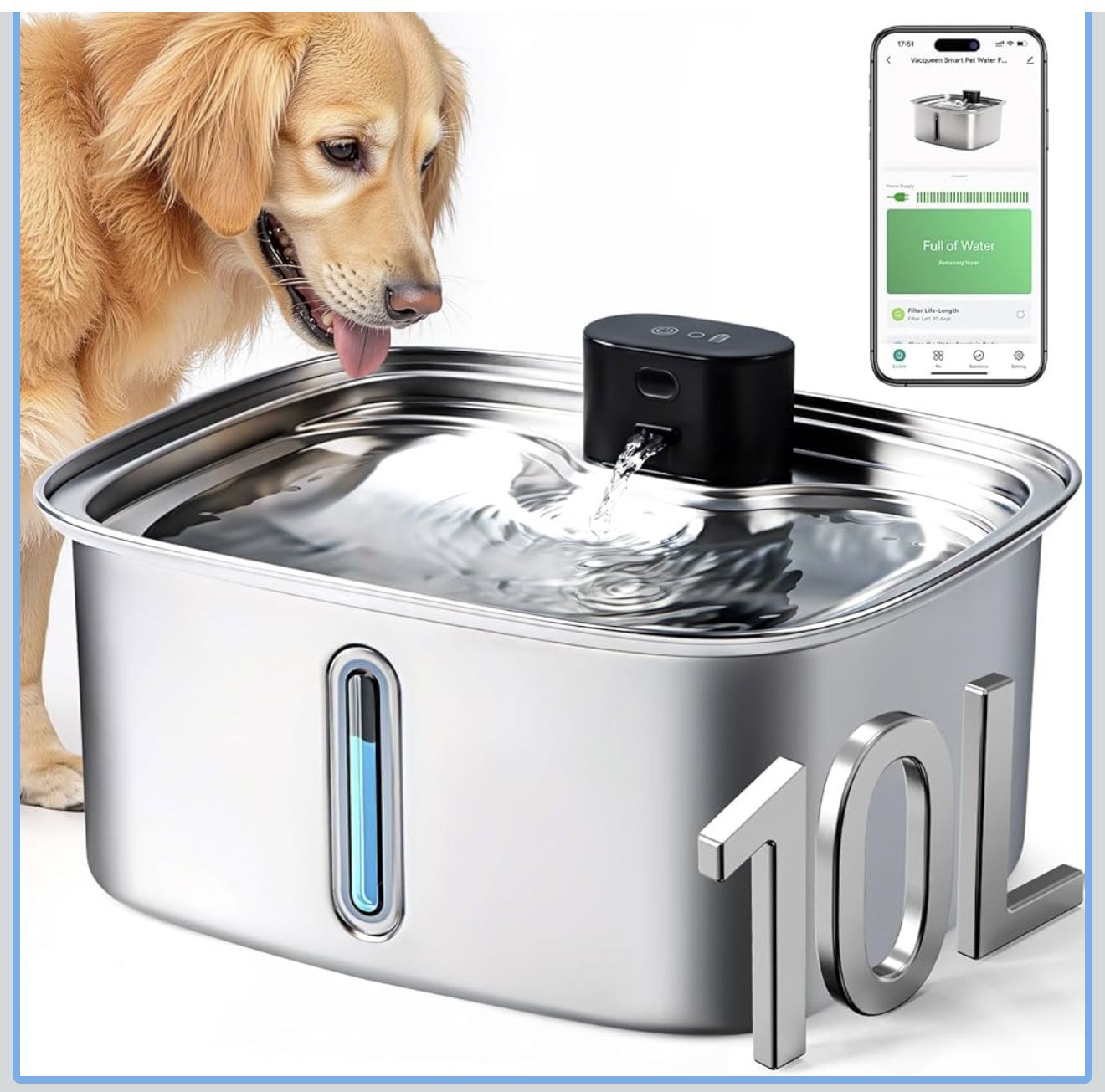 Smart Dog Water Bowl Dispenser Large, 10L/ 2.64Gal Cordless Dog Water Fountain Stainless Steel with APP Monitoring, 4000mah Automatic Cat Water Founta