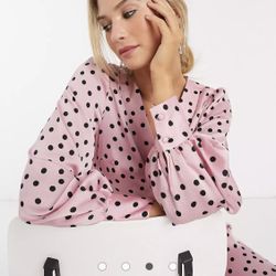 Beautiful Vero Moda wrap midi dress with ruffle hem in pink polka dot Size S