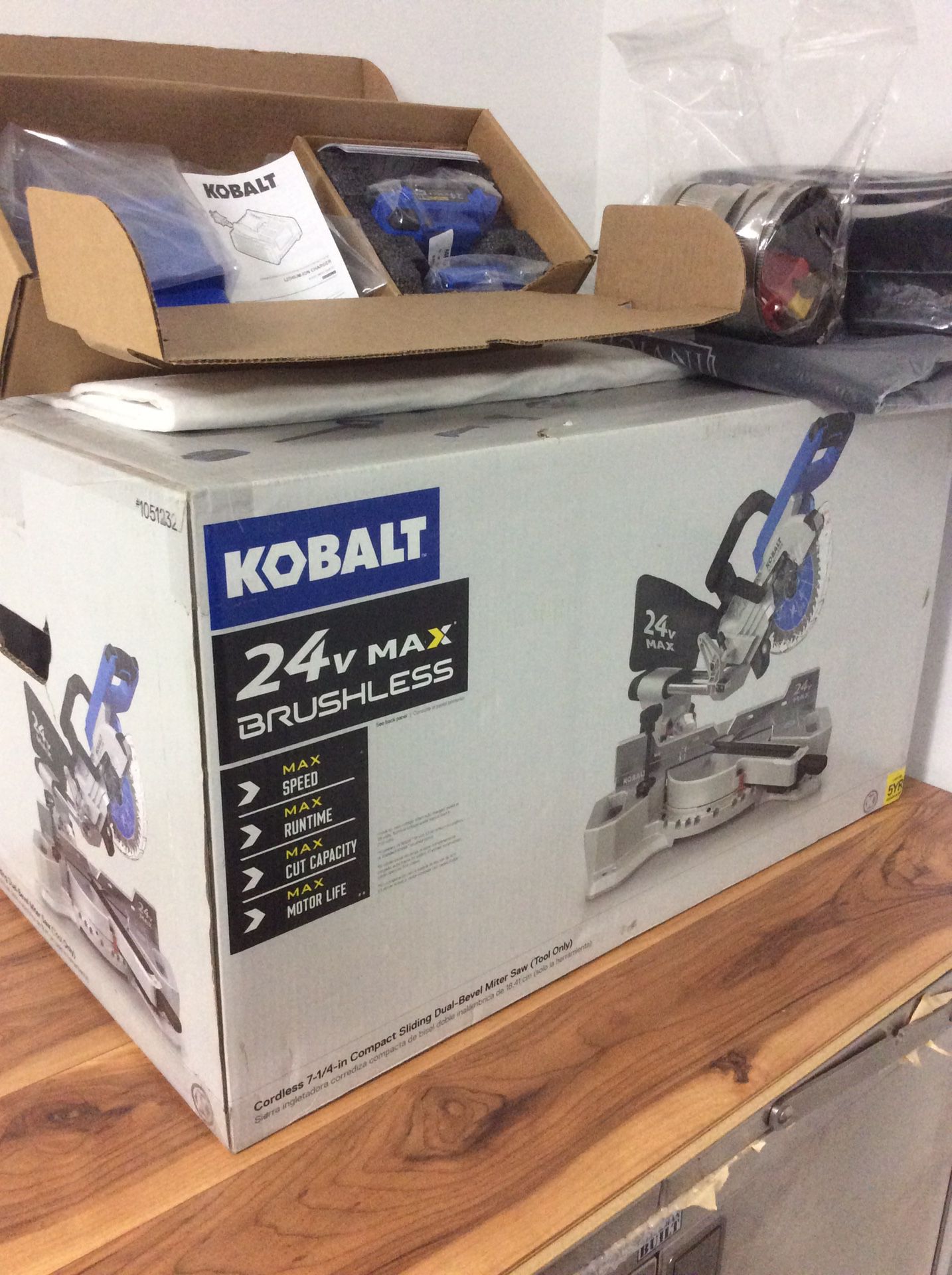 New, Never Opened! Kobalt 24V Miter Saw + Battery, Charger, USB 24V Chrg, Table & More
