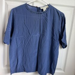 Sophisticate Petite Blue Silk Blouse with Cutout Neck Trim