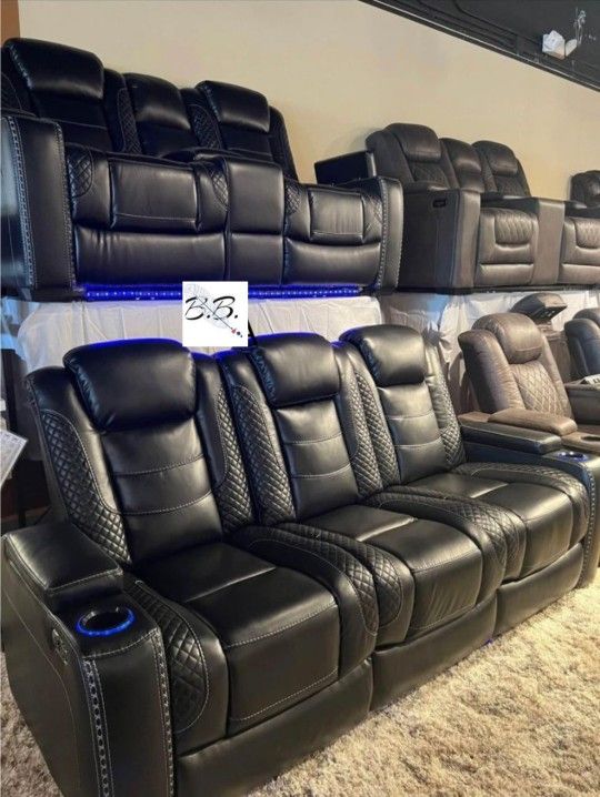 Brand New Theater Couch 💥 Leather Black Power Recliner Sofa Couch And Loveseat With Cup Holders, Adjustable Headrest, USB Port| White, Gray, Brown