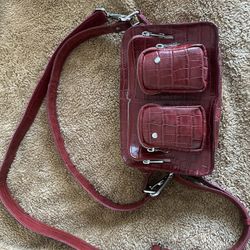 Red Croc Embossed Leather Nunoo Cargo Crossbody /Shoulder Bag
