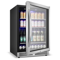 24 Inch Beverage Refrigerator, 190 Can Built-In and Freestanding Cooler with Glass Door, LED Light, Safety Lock for Beer, Wine, Soda, Drinks, Classic 