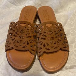Bella Vita Tan Laser-Cut Slide Sandals