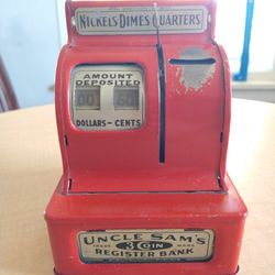 Vintage Uncle Sam’s 3 Coin Register Red Heavy Tin Bank, Untested