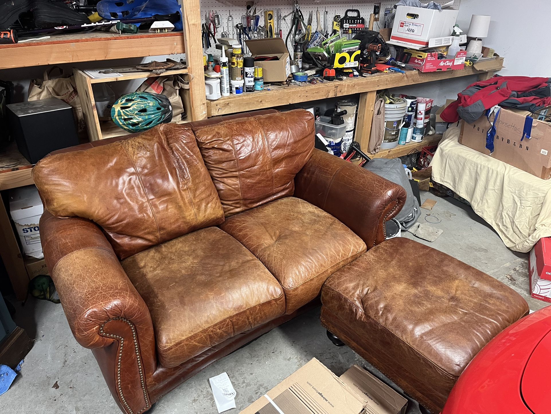 Red/Brown Leather Couch Set. Chair Included! (Not Pictured)