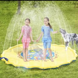 nflatable Round Water Splash Play Pool. Outdoor Sprinkler Mat for Family Fun Yellow