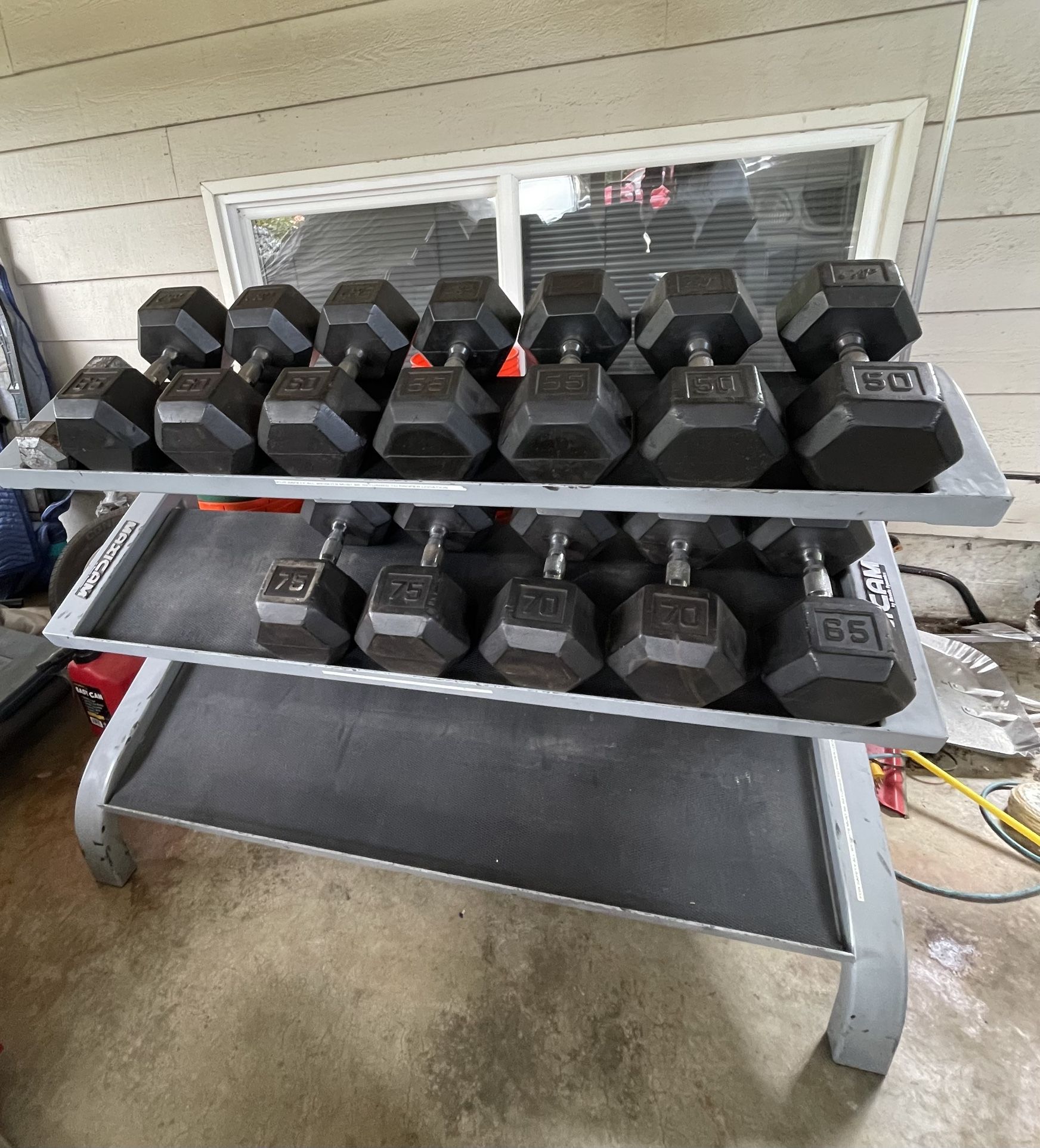 Rubber Coated Dumbbells 6 Sets Plus Maxicam by Muscle Dynamics weight rack