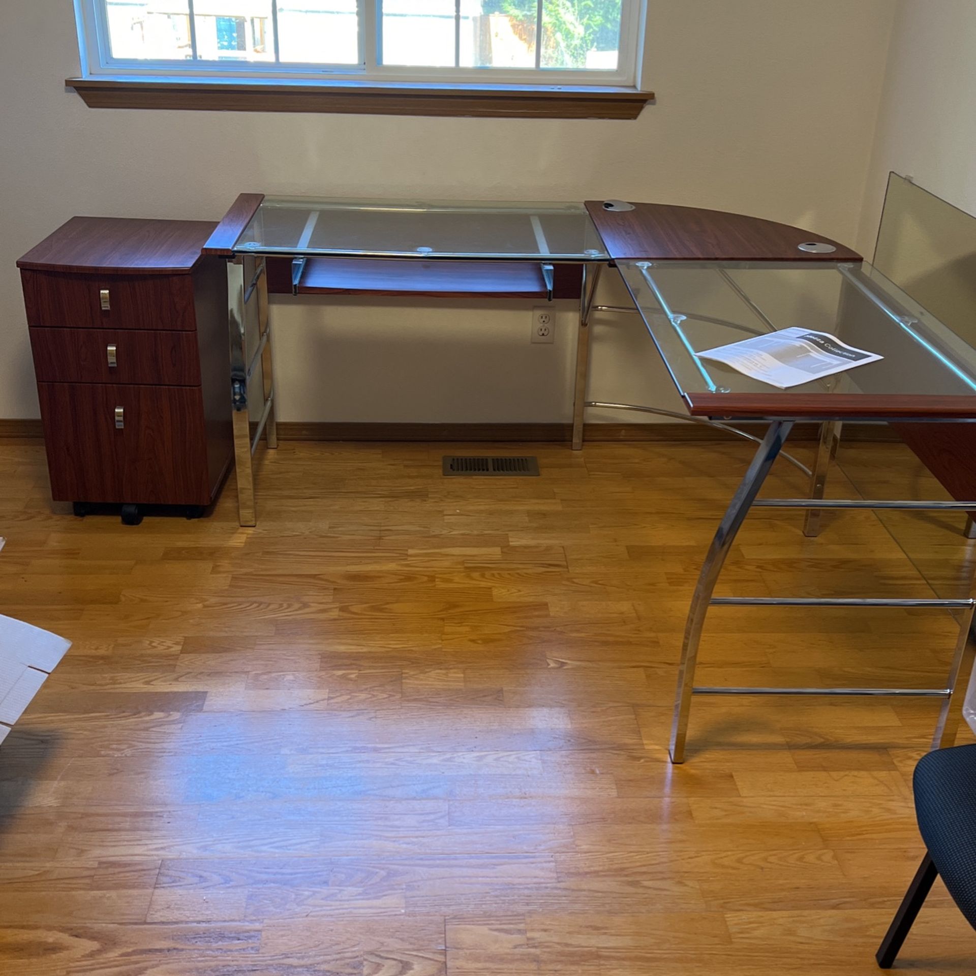 L-Shaped, Glass And Cherrywood Desk And File Cabinet