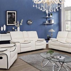 White Leather Fully Reclining Three Piece Couch Set