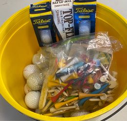 BUCKET OF GOLF BALLS & TEES