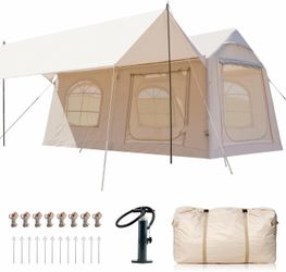 Lilypelle 12 Person Blow Up Camping Inflatable Tent w/ Canopy & Stove Jack & AC Port,18.4′x 9.8′x 6.9′Waterproof Oxford 2 Room Air Tent , Easy Setup G