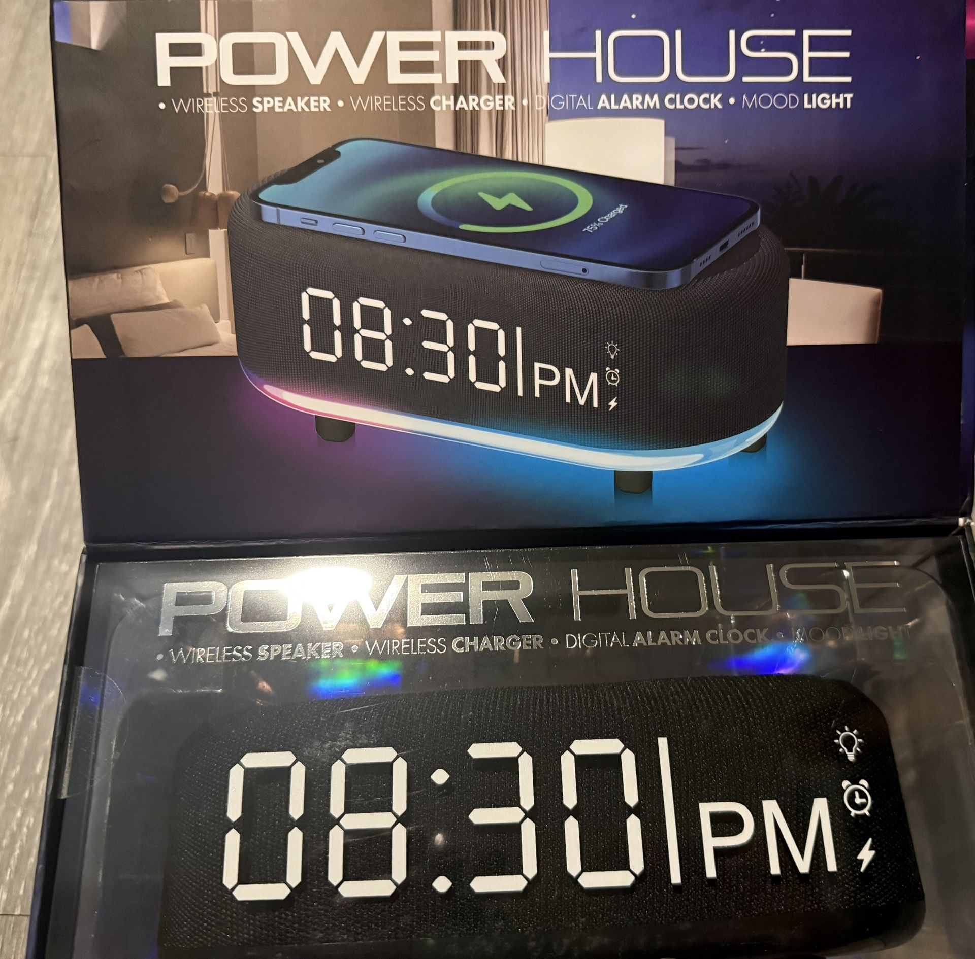 Power House Wireless Speaker/Charger/Digital Alarm Clock/Mood Light