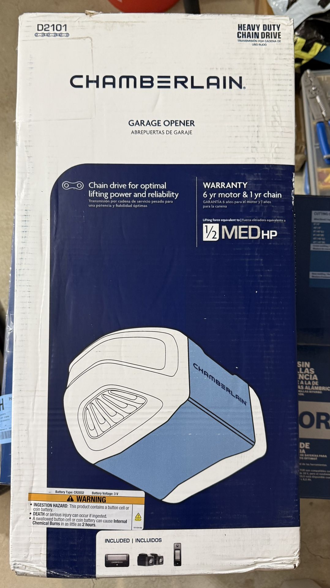 Chamberlain 1/2HP Heavy Duty Chain Drive Garage Door Opener +Remote D2101