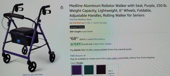 New! Purple aluminum Foldable Rollator Walker With seat