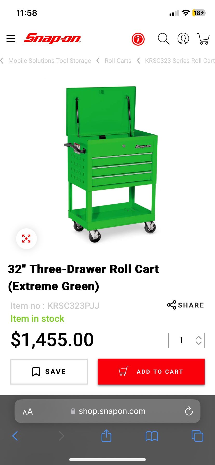 Snap On Tools 3 Drawer Roll Cart (EXTREME GREEN)