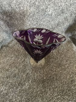 Amethyst Cut to Clear Crystal Bohemian Czech Starburst Cut Footed Vase