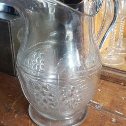 Vtg. Glass Pitcher Embossed Leafs