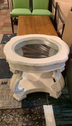 White Neoclassical Style Accent Glass Top Side Table $75 OBO!
