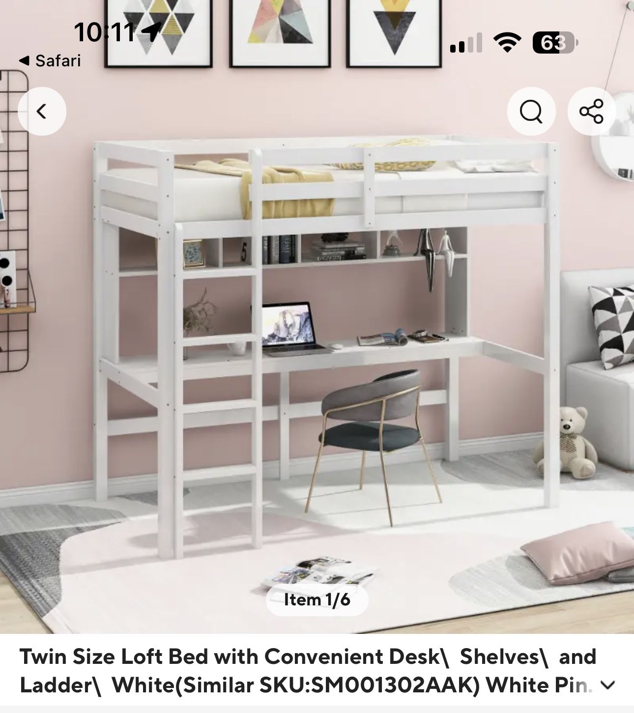 Loft Bed with Convenient Desk Shelves and Ladder Twin Size in White