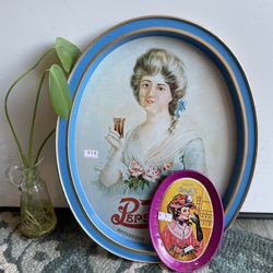 Set of two: oval vintage tin trays drinking ads