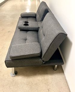 61.4 in. x 32.2 in. Grey Fabric  Foldable Sofa Bed with 2-Cup Holders