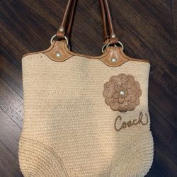 Coach Large Straw & Leather Handbag