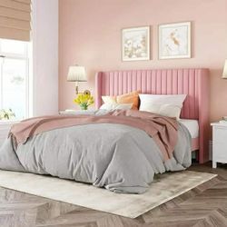 Queen Size Velvet Bed Frame/Vertical Channel Tufted Wingback Headboard. Pink