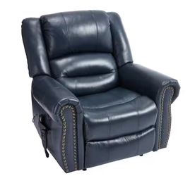 Blue Dual Motor Genuine Leather Power Lift Recliner Heat Massage, Heavy Duty Motion Mechanism with USB Ports