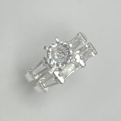 Solid 925 Sterling Silver 2-Set Ring – Round & Baguette CZ Bridal Style Ring