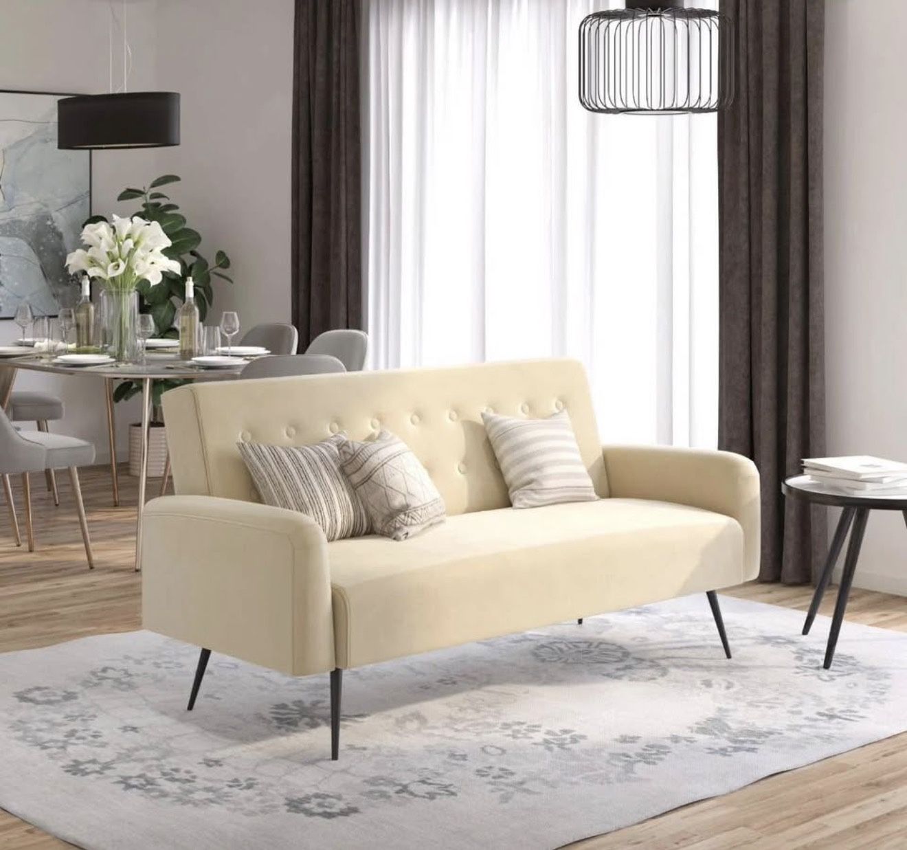 Z by Novogratz Stevie Futon, Convertible Sofa Bed Couch, Ivory Velvet