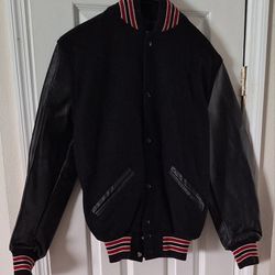 LEADER VARSITY LETTERMAN JACKET BLACK JACKET BLACK LEATHER SLEEVES 