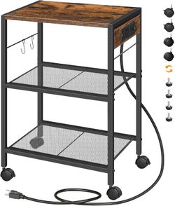 HOOBRO Industrial Printer Stand, Mobile Printer Table, Rolling Cart with Power Outlets and USB Ports, Home Printer Stand with 2 Hooks, for Office (Rus