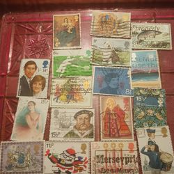 Vintage 17 Total Different Great Britain Postage Stamps For Sale.