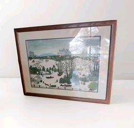 Vintage Grandma Moses “Out For Christmas Trees” Large Framed Matted Print Art