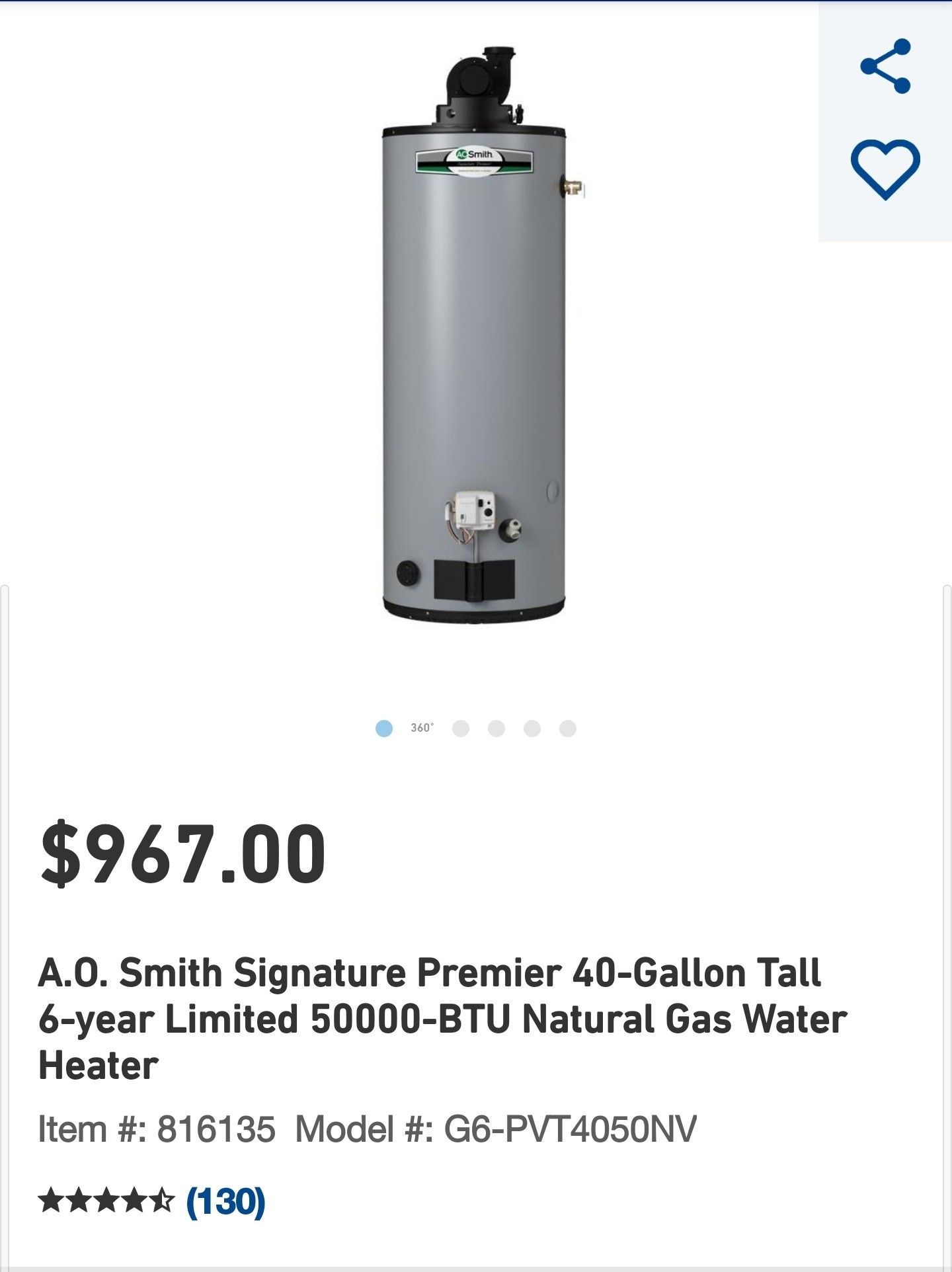 A.O. Smith Signature Premier 40-Gallon Tall 6-year Limited 50000-BTU Natural Gas Water Heater