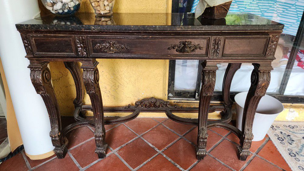 Antique Marble Top Wooden Console Table 
