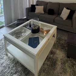White ikea glass and wood shadow box coffee table NEGOTIABLE