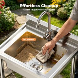 23"W Compact Utility Sink 18/8 Stainless Steel Portable Ergonomic Sinks with 4-Height Adjustable & 360° Swivel Faucet Laundry Room Kitchen Garage Outd