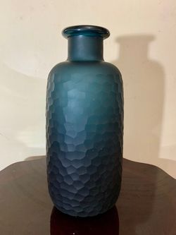 Frosted Dark Teal Blue Battuto Art Glass Floor Vase - 17 Inches