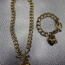 Vtg Y2K Juicy Couture Gold Tone Puffy Heart Dangle Charm Chunky Necklace Bracket