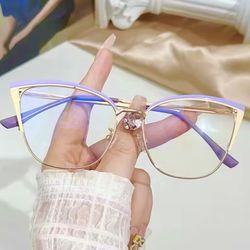 Purple Metal Cat Eye Prescription Glasses Frames w/ Spring Hinges & Blue Ray Protection